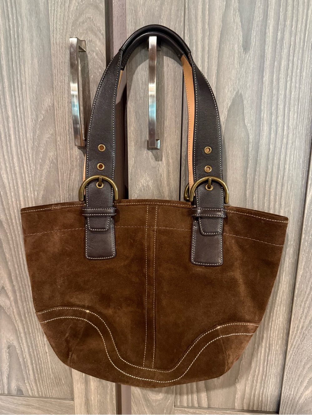 Y2K Coach Brown Suede Buckle Tote Bag with Dark Leather Straps
